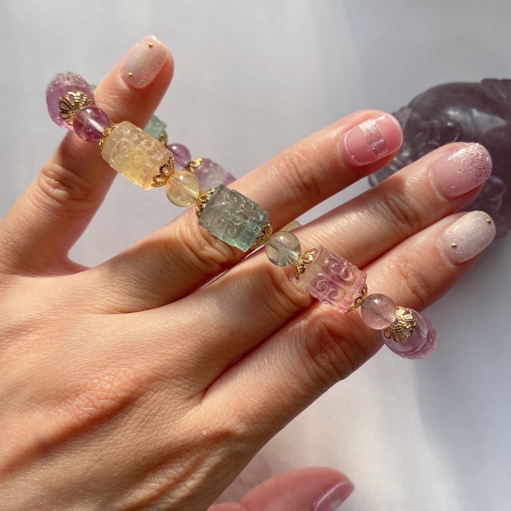 BKL精雕糖果螢石迴紋桶珠手串-細節圖8