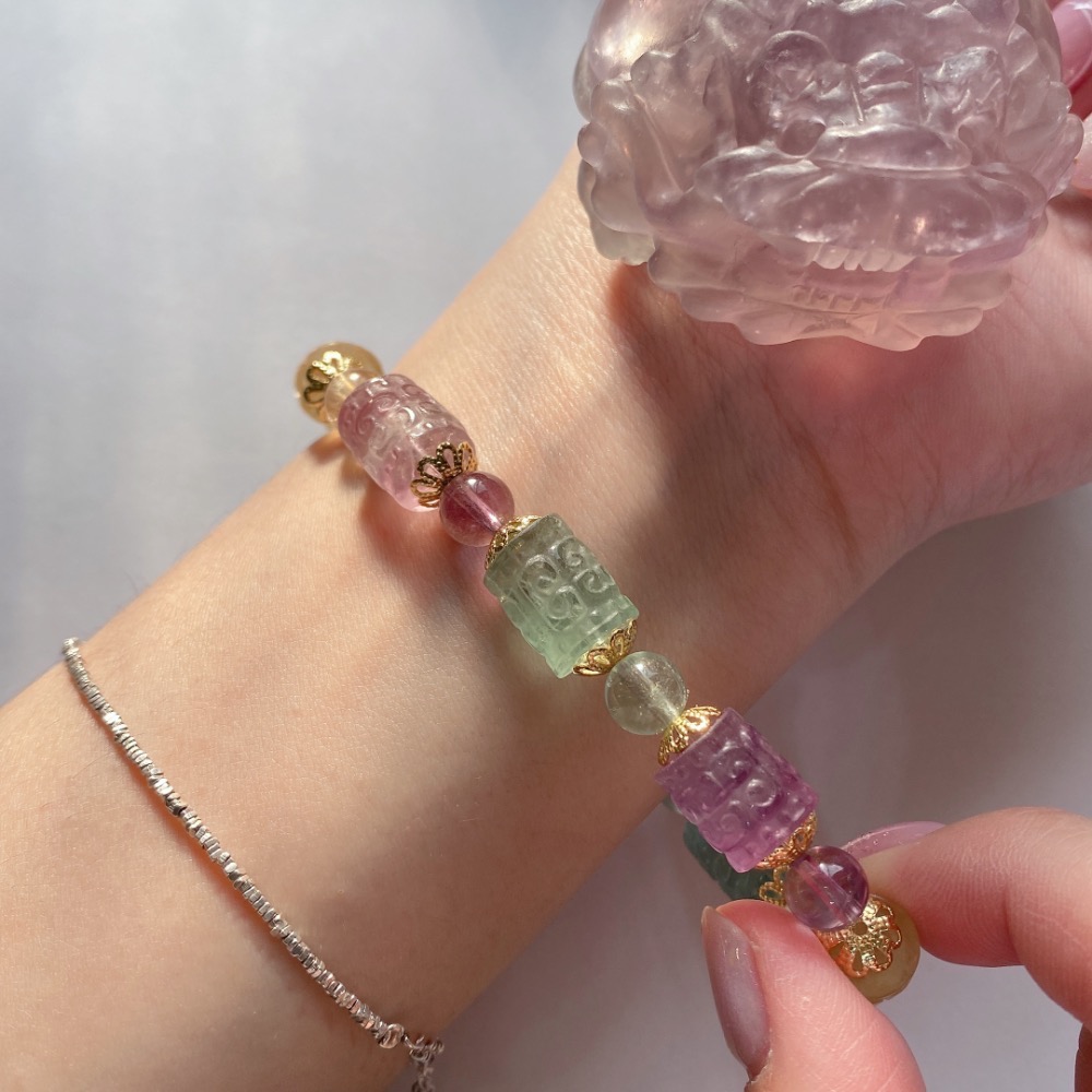 BKL精雕糖果螢石迴紋桶珠手串-細節圖9