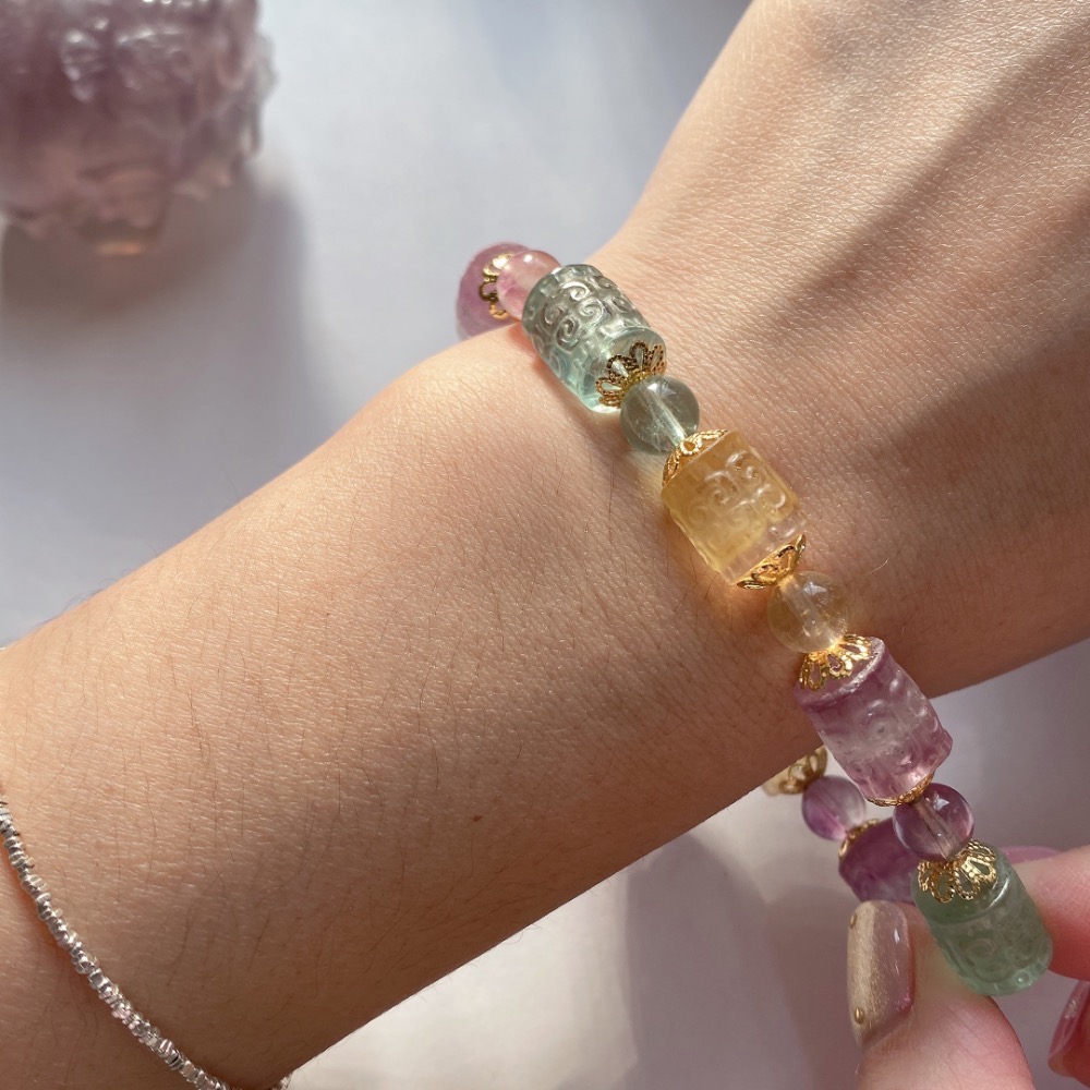 BKL精雕糖果螢石迴紋桶珠手串-細節圖10