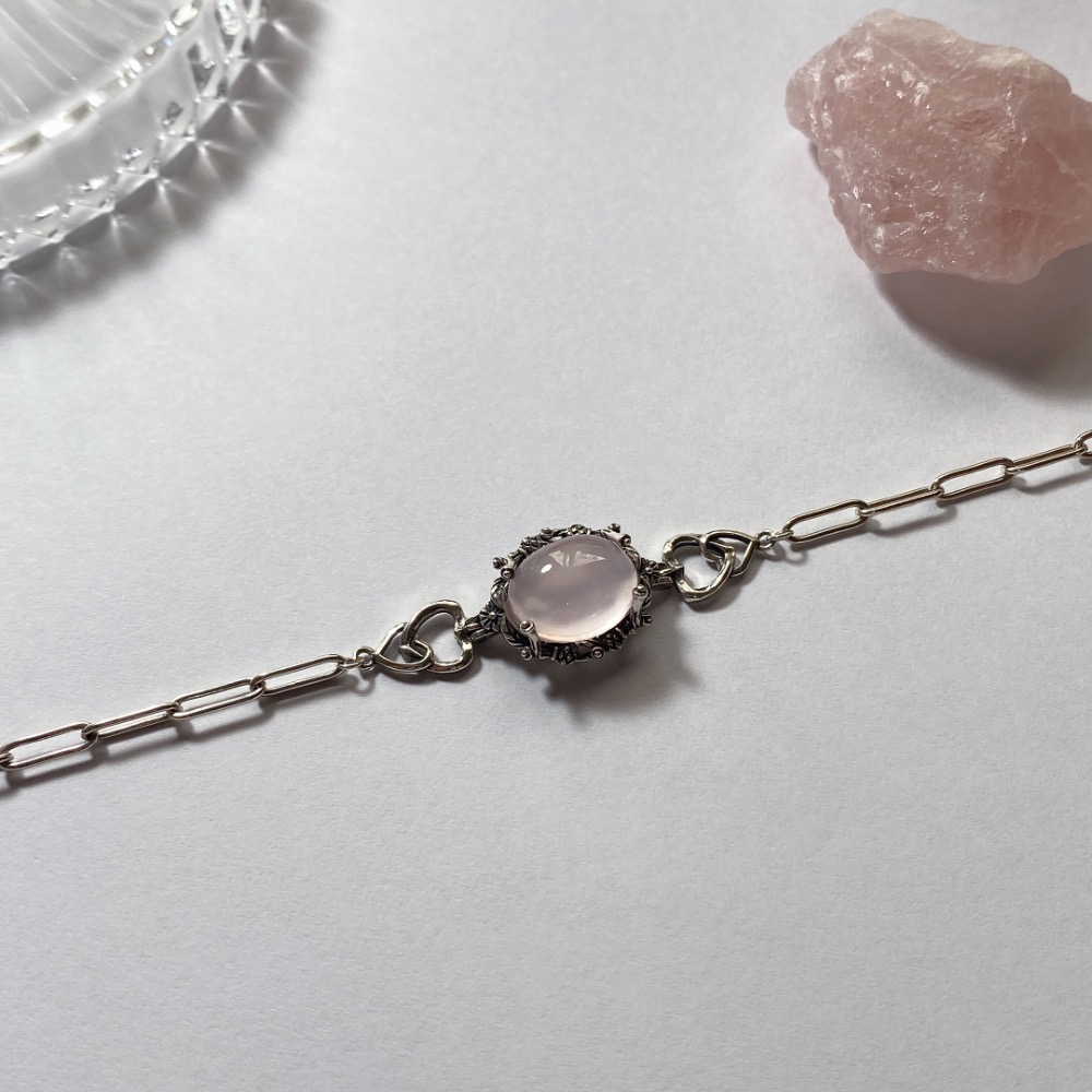 BKL全淨體果凍體粉晶復古氧化銀愛心托｜手鏈-細節圖2