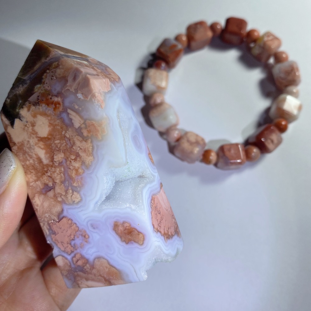 BKL瑪瑙粉櫻花瑪瑙·波波球軟糖·瑪瑙晶洞｜能量柱-細節圖3