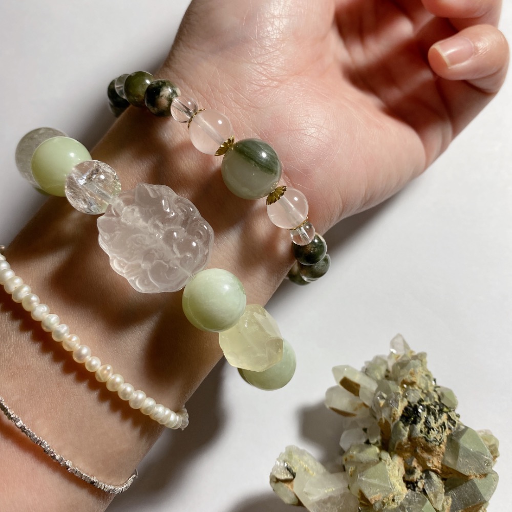 BKL心輪組合福袋：青堤奶蓋岫玉x綠髮共生櫻花瑪瑙x四川花園水晶共生綠簾石-細節圖6