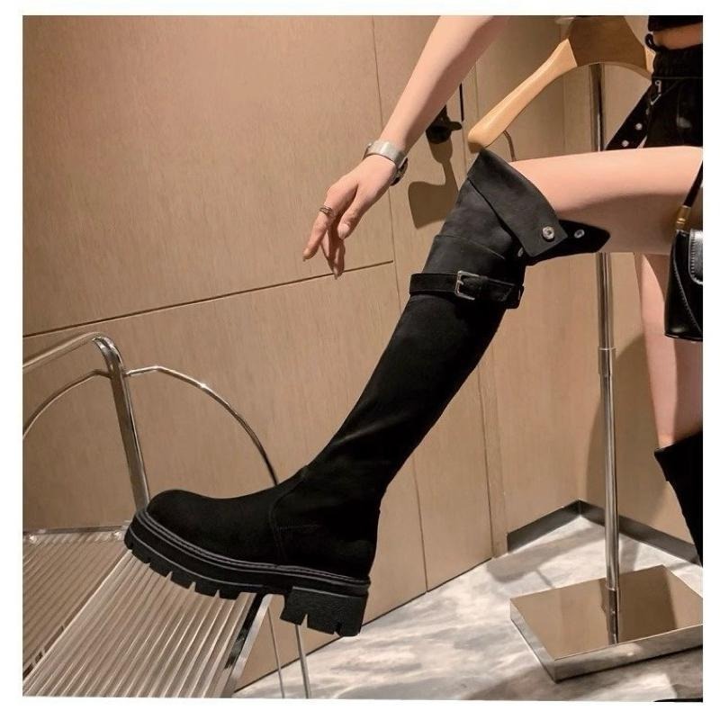 ❤️黑.咖能先發❤️（35-40碼)絨面高筒靴兩穿 厚底彈性過膝靴 絨面長靴 反折長靴 不加絨-細節圖2