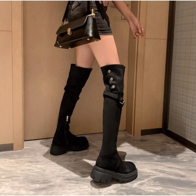 ❤️黑.咖能先發❤️（35-40碼)絨面高筒靴兩穿 厚底彈性過膝靴 絨面長靴 反折長靴 不加絨-細節圖6