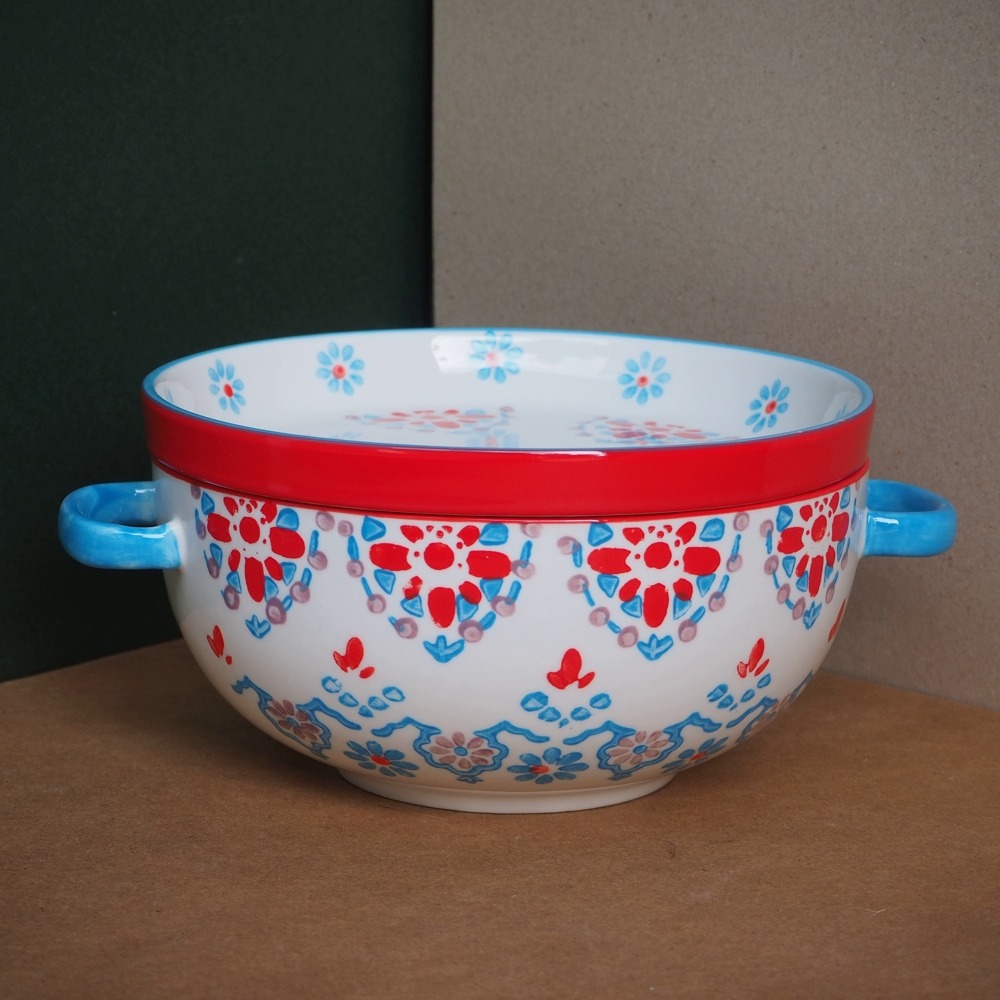 現貨📍北歐風手工彩繪泡麵蓋碗 大碗公 陶瓷碗公 泡麵碗波蘭陶風 花磚造型 交換禮物 湯杯 造型碗公 年終禮8吋盤碗公-細節圖2