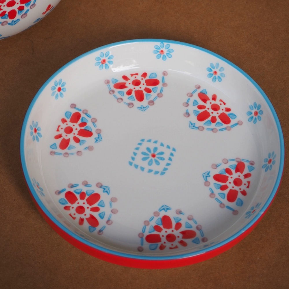 現貨📍北歐風手工彩繪泡麵蓋碗 大碗公 陶瓷碗公 泡麵碗波蘭陶風 花磚造型 交換禮物 湯杯 造型碗公 年終禮8吋盤碗公-細節圖4