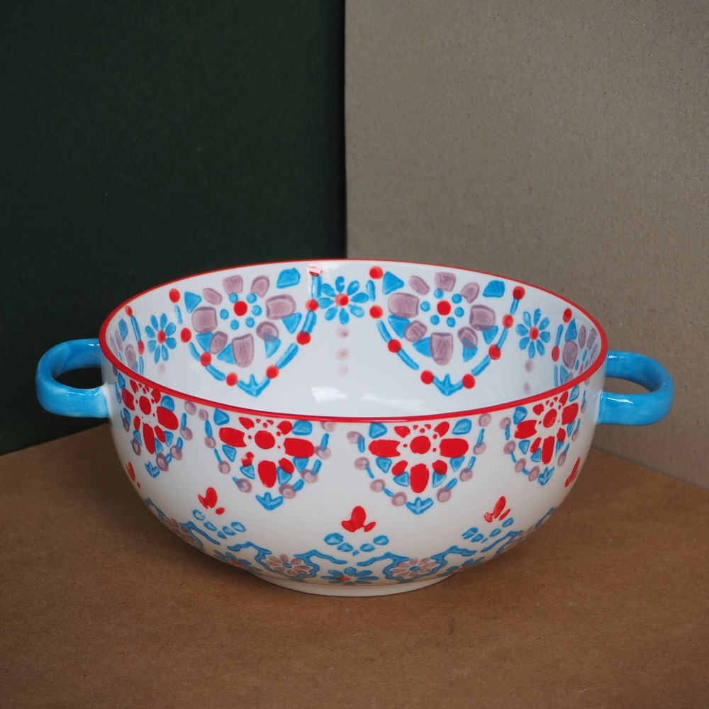 現貨📍北歐風手工彩繪泡麵蓋碗 大碗公 陶瓷碗公 泡麵碗波蘭陶風 花磚造型 交換禮物 湯杯 造型碗公 年終禮8吋盤碗公-細節圖5