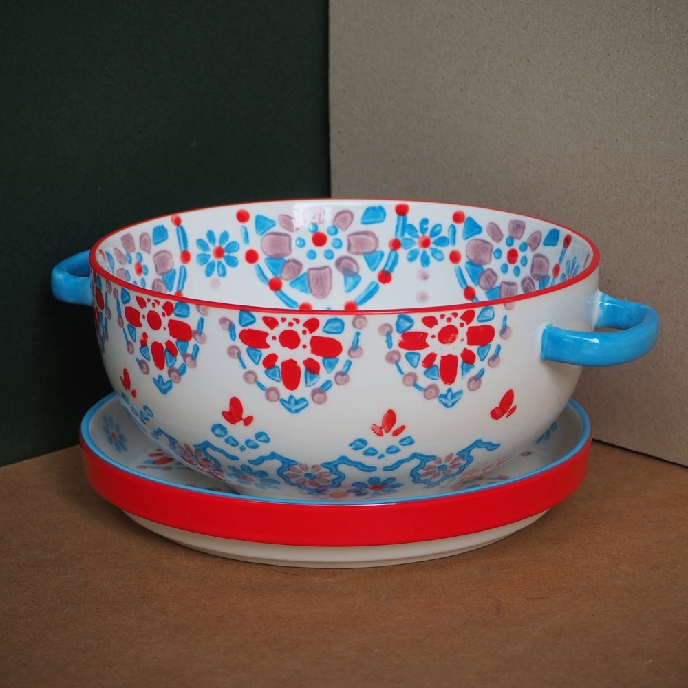 現貨📍北歐風手工彩繪泡麵蓋碗 大碗公 陶瓷碗公 泡麵碗波蘭陶風 花磚造型 交換禮物 湯杯 造型碗公 年終禮8吋盤碗公-細節圖6