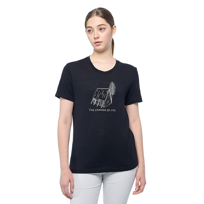 荒野WILDLAND 女款 100%美麗諾150印花短袖衣 0B02603 黑色 中層衣 OUTDOOR NICE-細節圖2