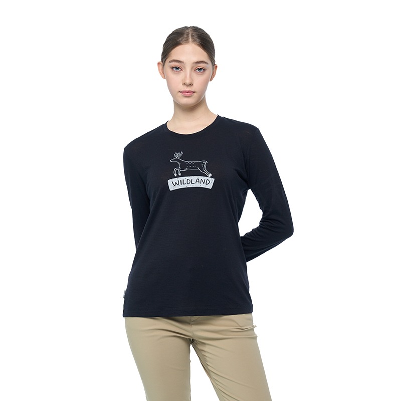 荒野WILDLAND 女款 100%美麗諾150印花長袖衣 0B02601 莫蘭迪藍 中層衣 OUTDOOR NICE-細節圖2