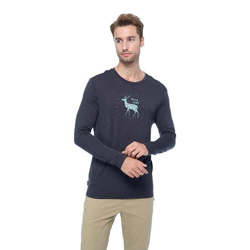 荒野WILDLAND 男款 100%美麗諾150印花長袖衣 0B02602 深灰色 中層衣 OUTDOOR NICE-細節圖2