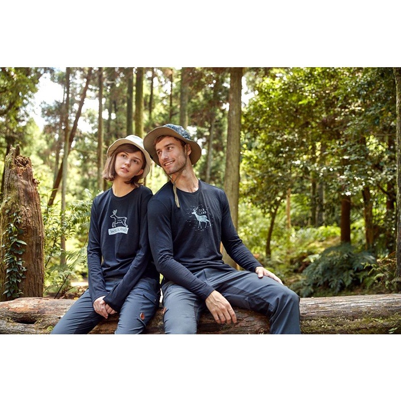 荒野WILDLAND 男款 100%美麗諾150印花長袖衣 0B02602 黑色 中層衣 OUTDOOR NICE-細節圖5