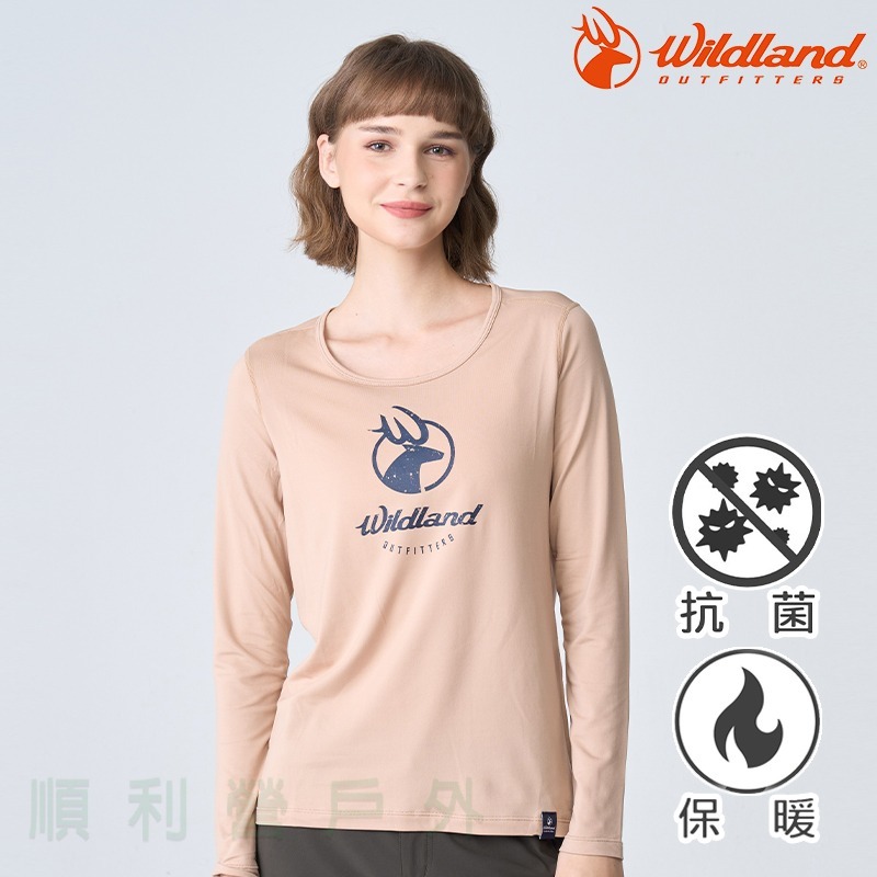 荒野WILDLAND 女款輕能量纖維大圓領印花保暖衣 0B12663 小麥色 衛生衣 抗菌 OUTDOOR NICE-細節圖3