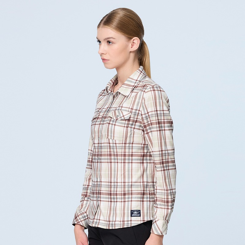 荒野WILDLAND 女款彈性格紋內刷毛保暖襯衫 0B22201 摩卡色 格紋襯衫 刷毛襯衫 OUTDOOR NICE-細節圖3