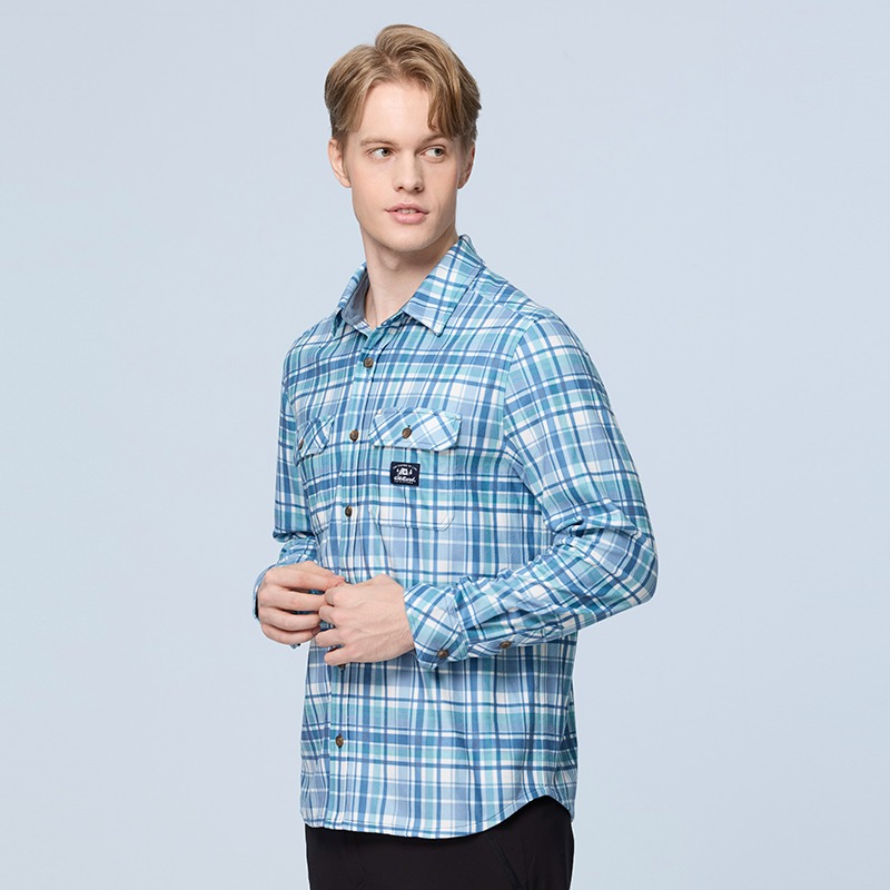 荒野WILDLAND 男款彈性格紋內刷毛保暖襯衫 0B22202 普魯士藍 格紋襯衫 刷毛襯衫 OUTDOOR NICE-細節圖3