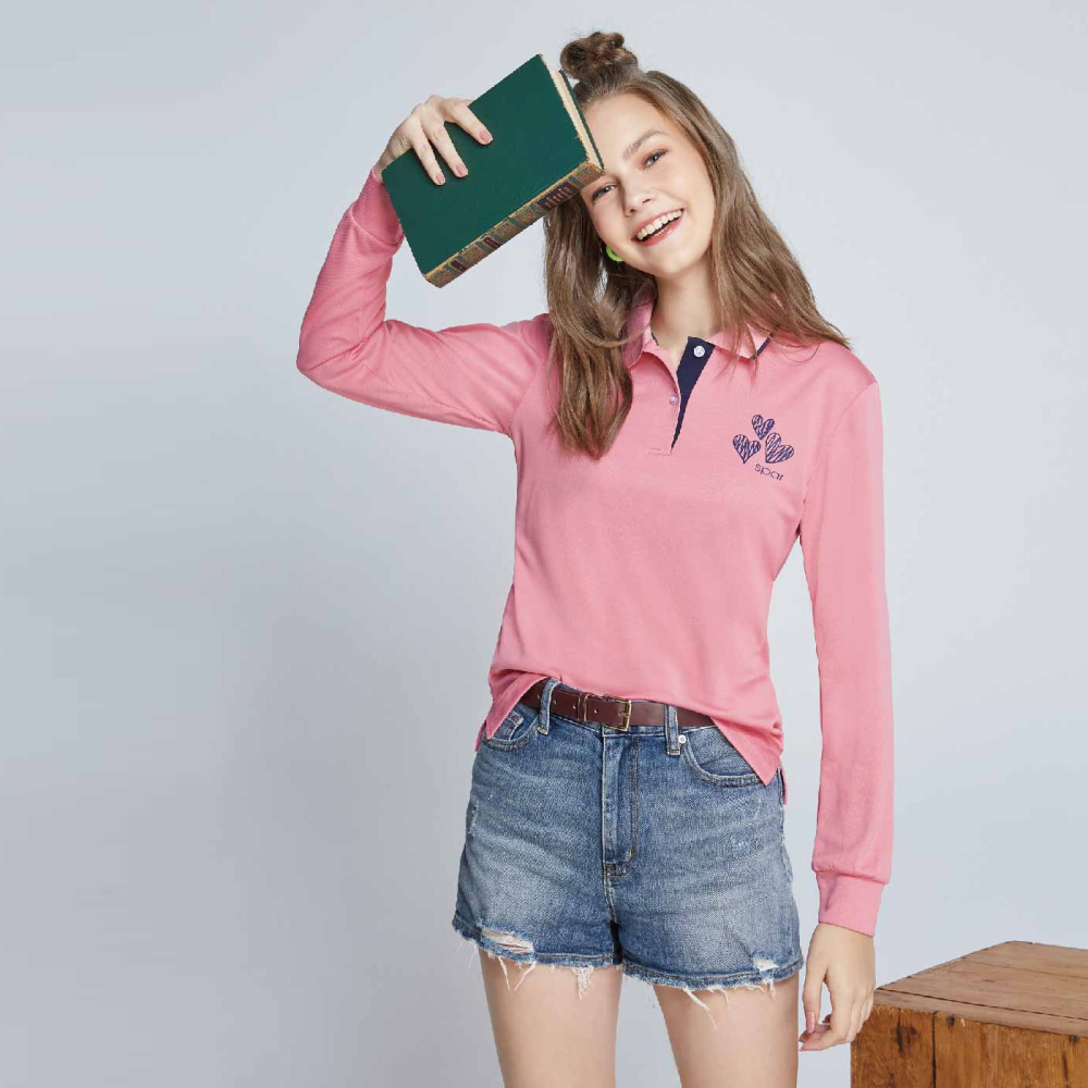 名典 Spar 女款長袖排汗POLO衣 粉紅色 SA1086302 排汗上衣 休閒服 團體服 OUTDOOR NICE-細節圖2