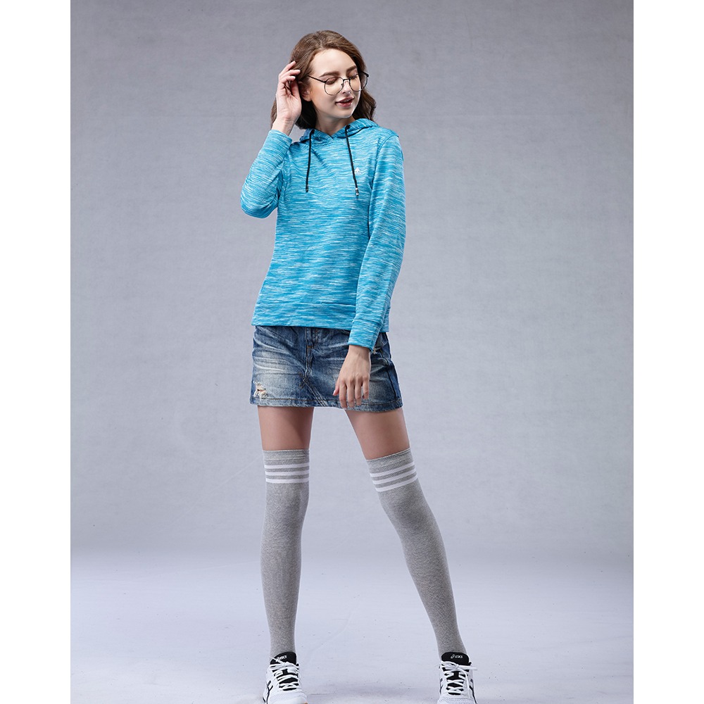 名典 Spar 女款萊卡迷彩刷毛連帽T恤 藍色 SA106994 保暖帽T OUTDOOR NICE-細節圖2