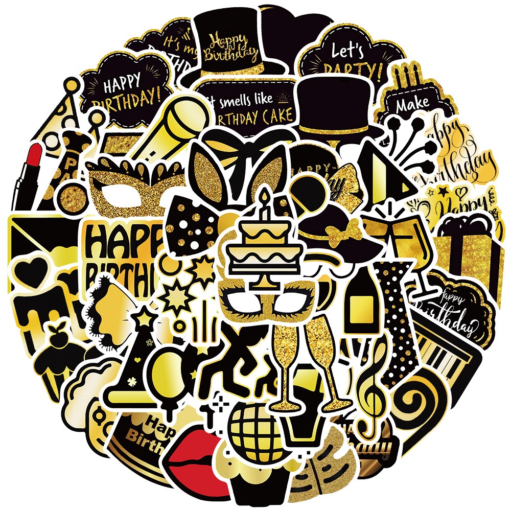 【Happy Store】50張黑金生日派對塗鴉貼紙/裝飾吉他行李箱/防水DIY-細節圖4