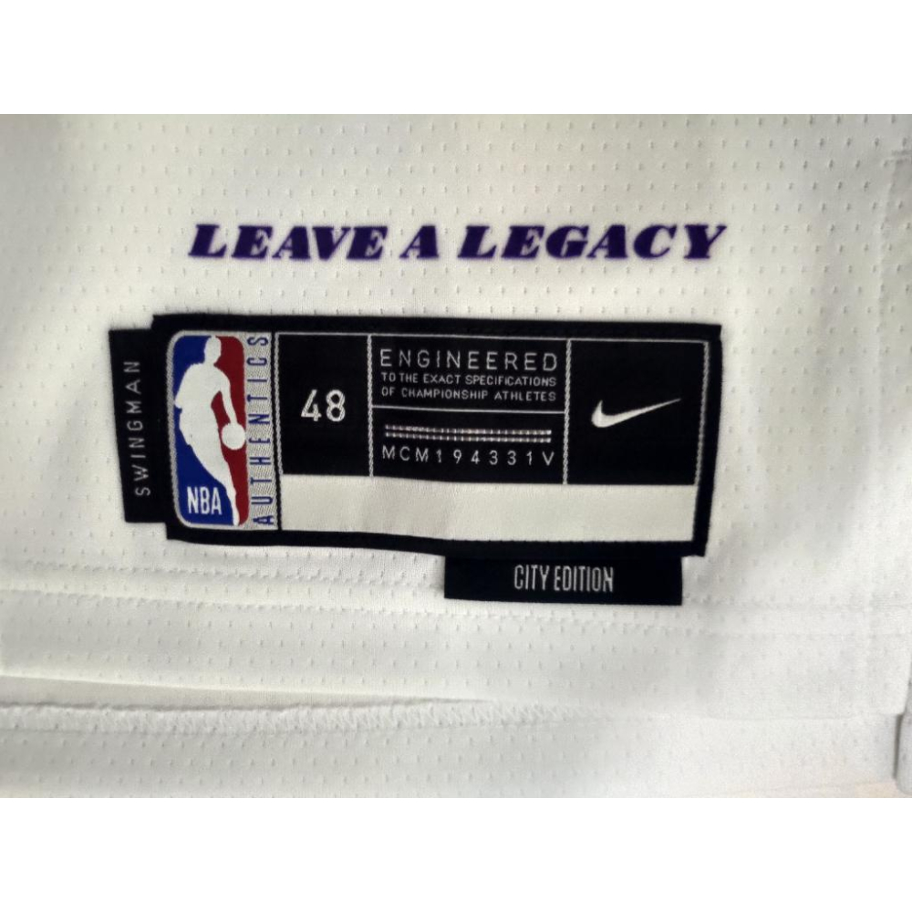 NBA球衣 2023賽季湖人隊城市版白色 LeBron James 6號 NIKE SW 48L全新含吊牌-細節圖8