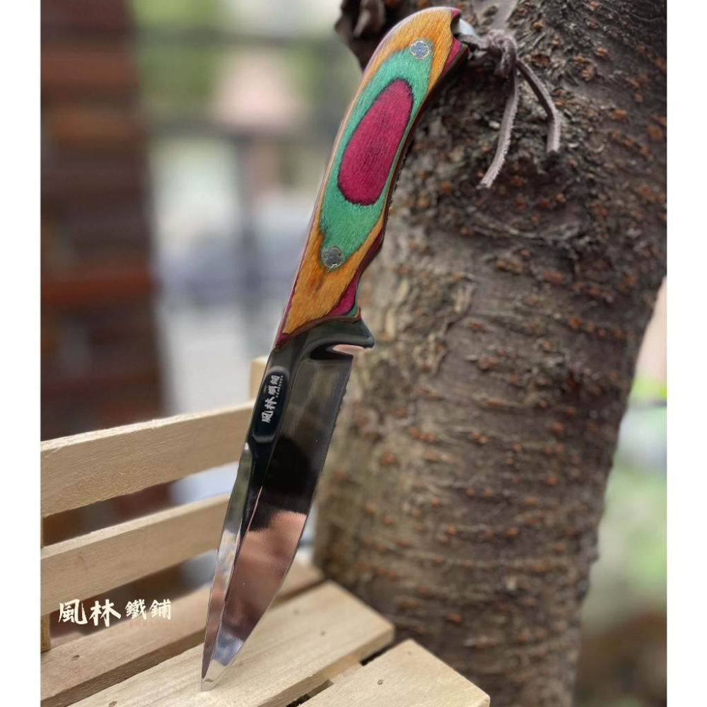 幻彩木柄露營手把肉刀水果刀 附精緻皮套 台灣現貨 高硬度鉬釩鋼亮面刀刃幻彩木柄家用戶外露營皆合用牛排刀手把肉刀水果刀-細節圖3