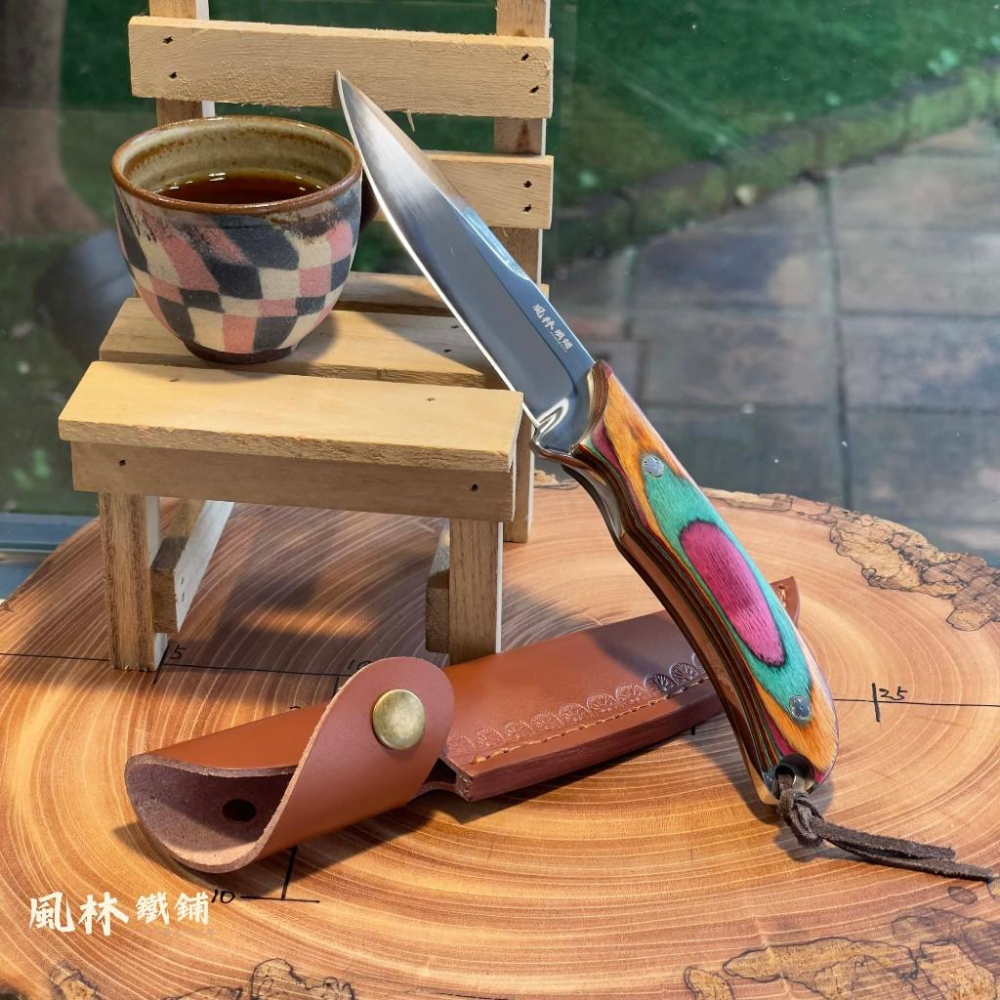 幻彩木柄露營手把肉刀水果刀 附精緻皮套 台灣現貨 高硬度鉬釩鋼亮面刀刃幻彩木柄家用戶外露營皆合用牛排刀手把肉刀水果刀-細節圖7
