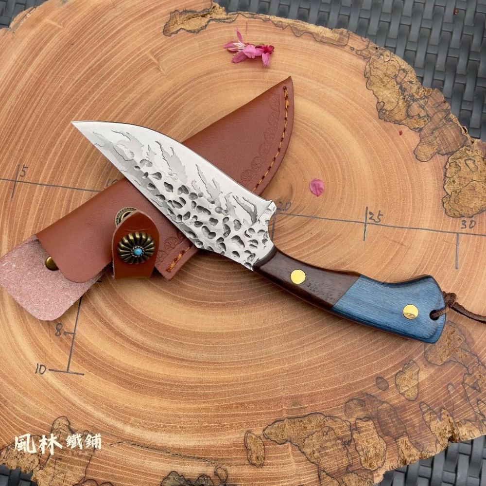 鍛打錘紋彎背釣魚手把肉切魚刀 附精緻皮套 露營烤肉分割刀殺魚切魚專用刀戶外刀具水果刀剔骨刀手把肉刀萬用小刀-細節圖3