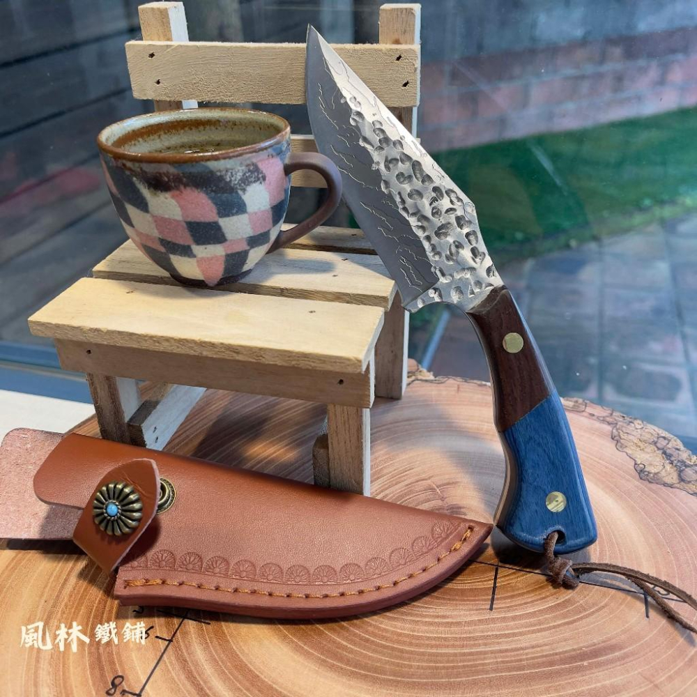鍛打錘紋彎背釣魚手把肉切魚刀 附精緻皮套 露營烤肉分割刀殺魚切魚專用刀戶外刀具水果刀剔骨刀手把肉刀萬用小刀-細節圖8