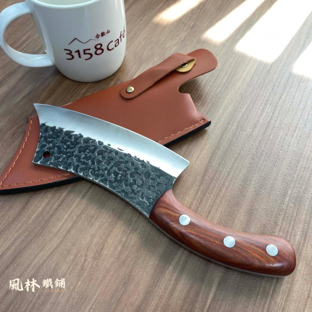 【鍛打深紋戰術小菜刀】附皮套 戰術刀屠宰刀切肉剔骨刀木柄小彎刀手工鍛打錘紋分割肉刀不銹鋼戶外小菜刀-細節圖2