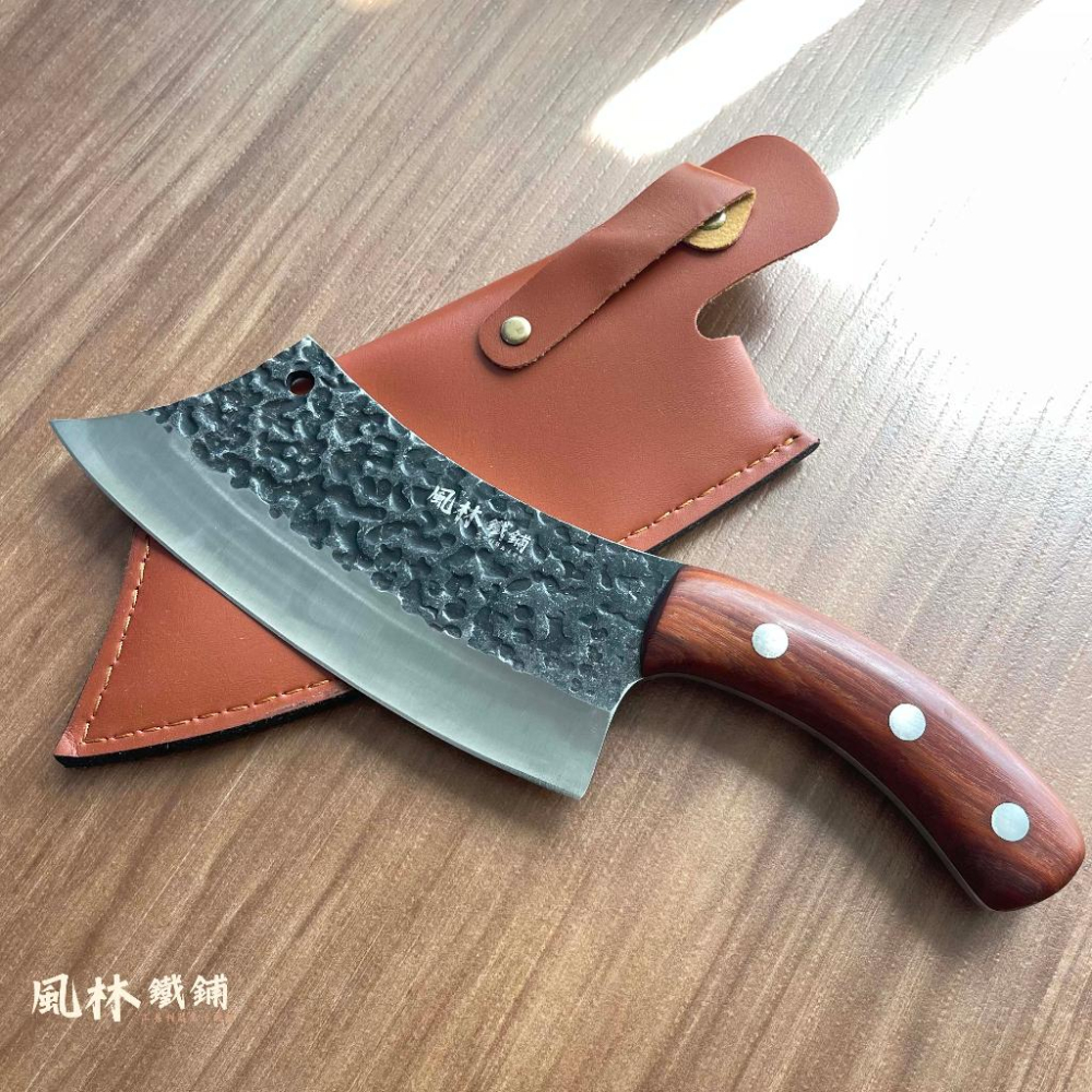 【鍛打深紋戰術小菜刀】附皮套 戰術刀屠宰刀切肉剔骨刀木柄小彎刀手工鍛打錘紋分割肉刀不銹鋼戶外小菜刀-細節圖4