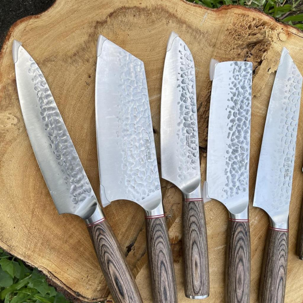 【不銹鋼鍛打錘紋彩木柄廚師刀】七刀組 廚師刀刀組全組7刀 主廚刀 切片刀 三德刀 小菜刀 切肉刀 削皮刀 剔骨刀-細節圖2