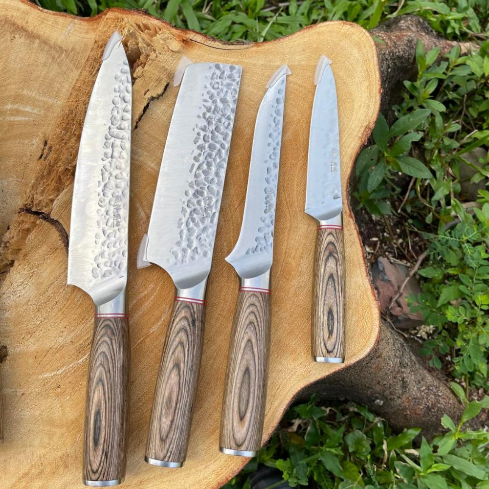 【不銹鋼鍛打錘紋彩木柄廚師刀】七刀組 廚師刀刀組全組7刀 主廚刀 切片刀 三德刀 小菜刀 切肉刀 削皮刀 剔骨刀-細節圖3