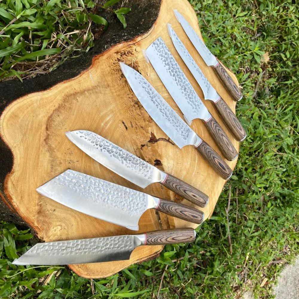 【不銹鋼鍛打錘紋彩木柄廚師刀】七刀組 廚師刀刀組全組7刀 主廚刀 切片刀 三德刀 小菜刀 切肉刀 削皮刀 剔骨刀-細節圖5