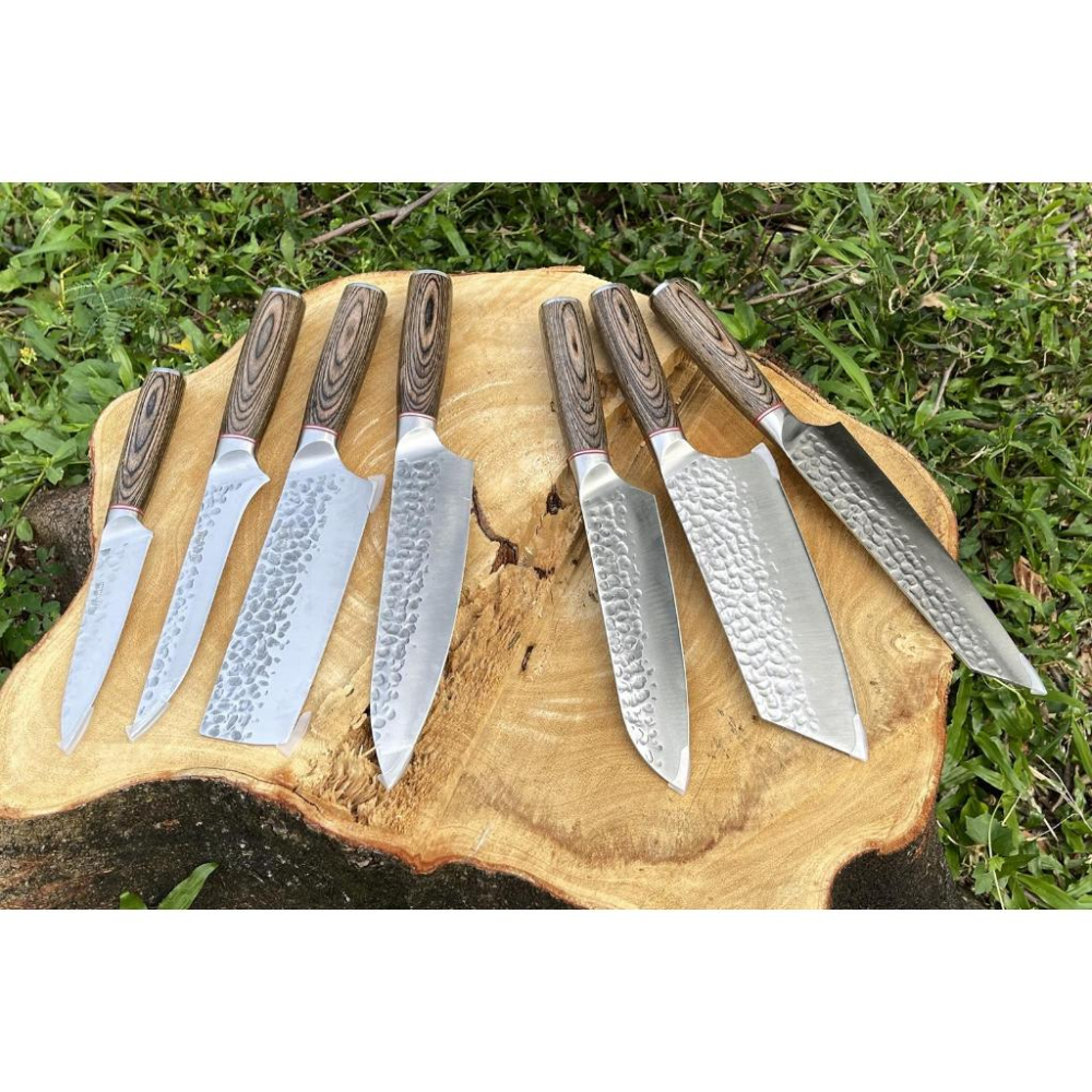 【不銹鋼鍛打錘紋彩木柄廚師刀】七刀組 廚師刀刀組全組7刀 主廚刀 切片刀 三德刀 小菜刀 切肉刀 削皮刀 剔骨刀-細節圖6