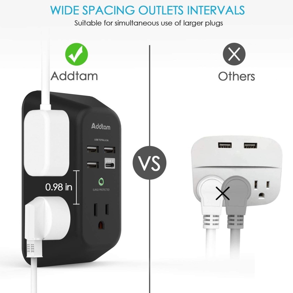 【竭力萊姆】現貨 美國原裝 Addtam USB-C 壁式充電器 夜燈 3A 5插座 4USB 電湧保護 延長線-細節圖2