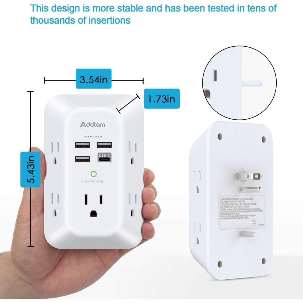 【竭力萊姆】現貨 美國原裝 Addtam USB-C 壁式充電器 夜燈 3A 5插座 4USB 電湧保護 延長線-細節圖4