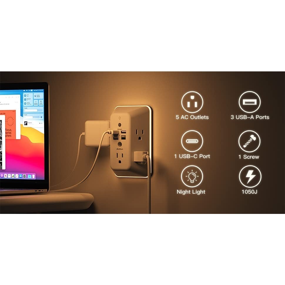 【竭力萊姆】現貨 美國原裝 Addtam USB-C 壁式充電器 夜燈 3A 5插座 4USB 電湧保護 延長線-細節圖9