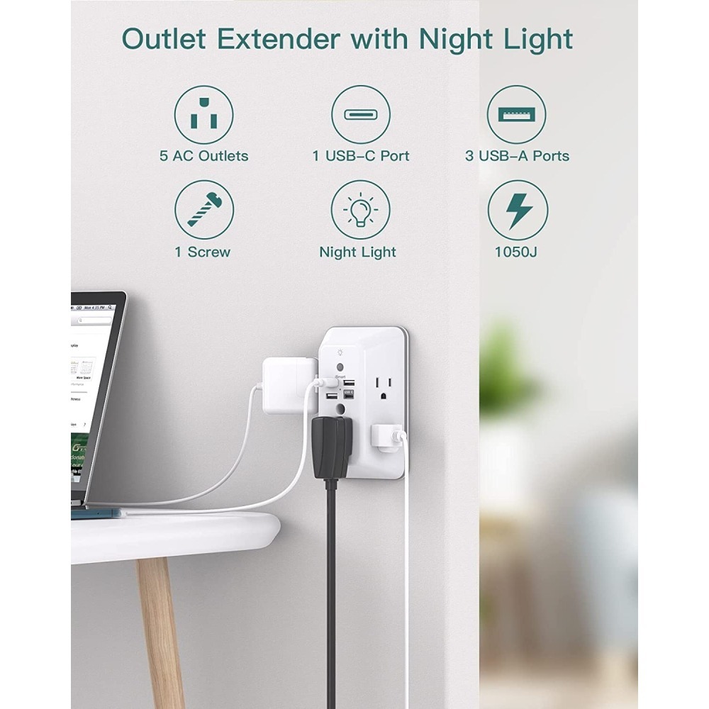 【竭力萊姆】現貨 美國原裝 Addtam USB-C 壁式充電器 夜燈 3A 5插座 4USB 電湧保護 延長線-細節圖10