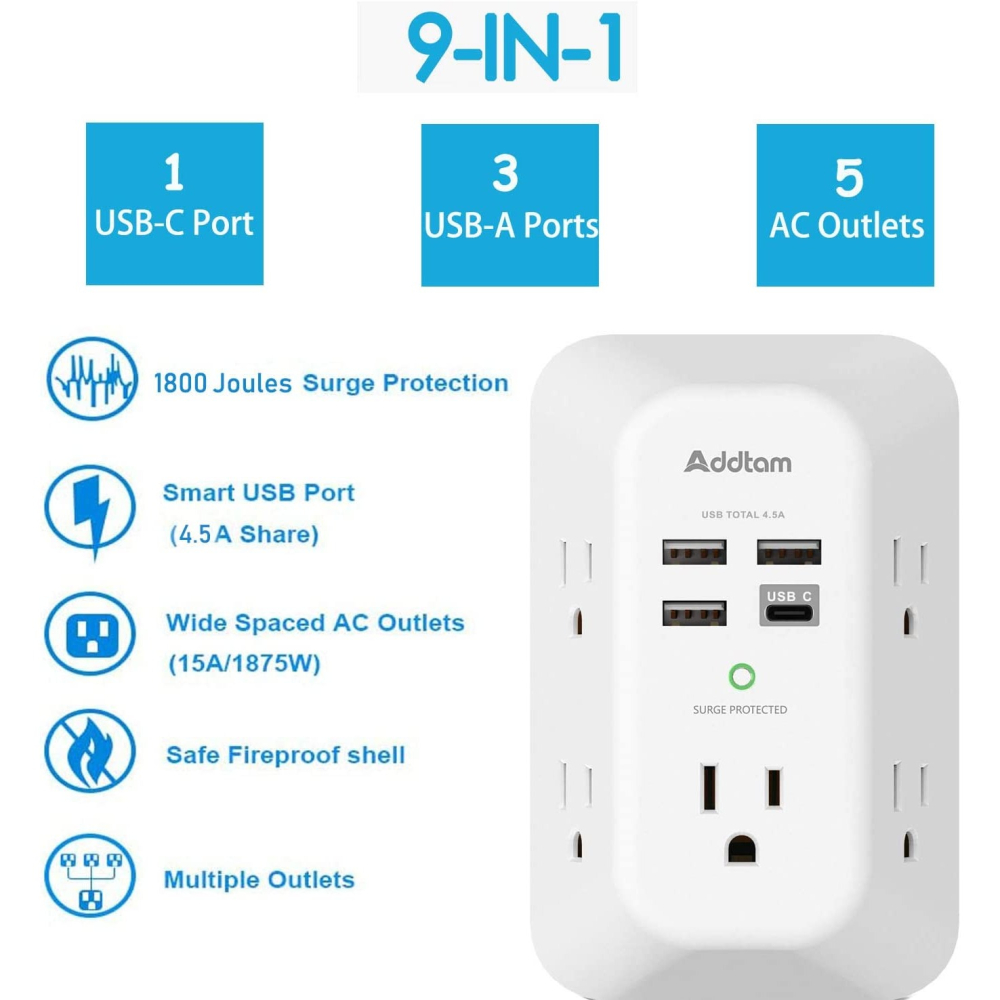 【竭力萊姆】現貨 美國原裝 Addtam USB-C 壁式充電器 夜燈 3A 5插座 4USB 電湧保護 延長線-細節圖3