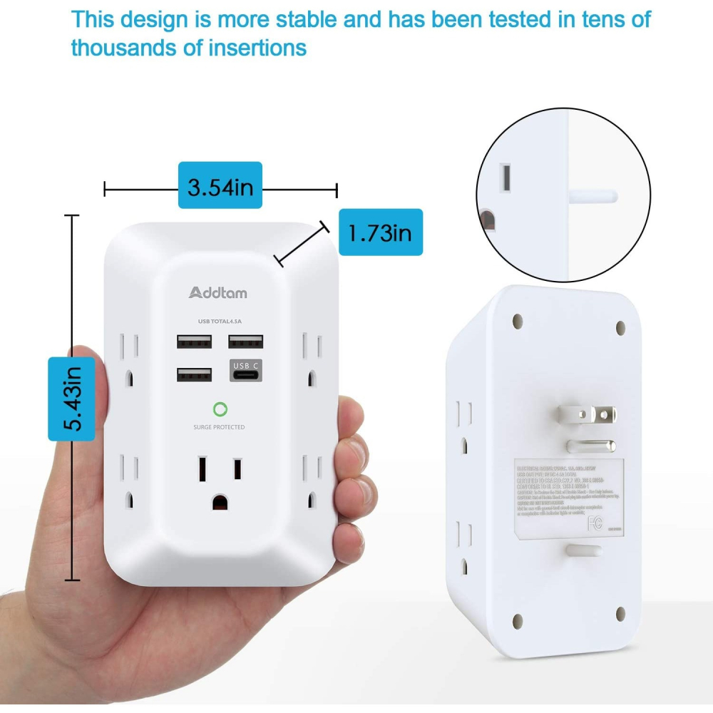 【竭力萊姆】現貨 美國原裝 Addtam USB-C 壁式充電器 夜燈 3A 5插座 4USB 電湧保護 延長線-細節圖4