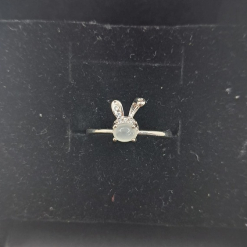 925銀鑲嵌 天然緬甸 A貨 翡翠 白冰 兔子造型 戒指 可调节戒指