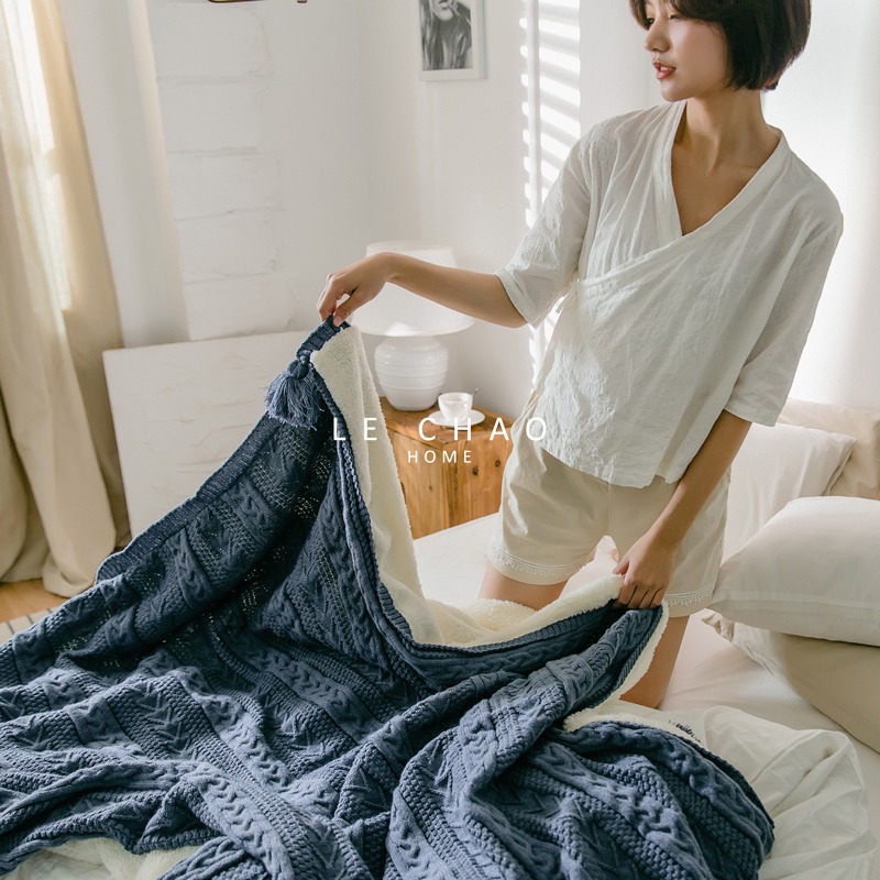 樂巢♡針織羊羔絨雙面毛毯 毛毯 空調毯 珊瑚絨 法蘭絨小被子 午睡毯 床毯 沙發毯 羊羔絨蓋毯-細節圖3