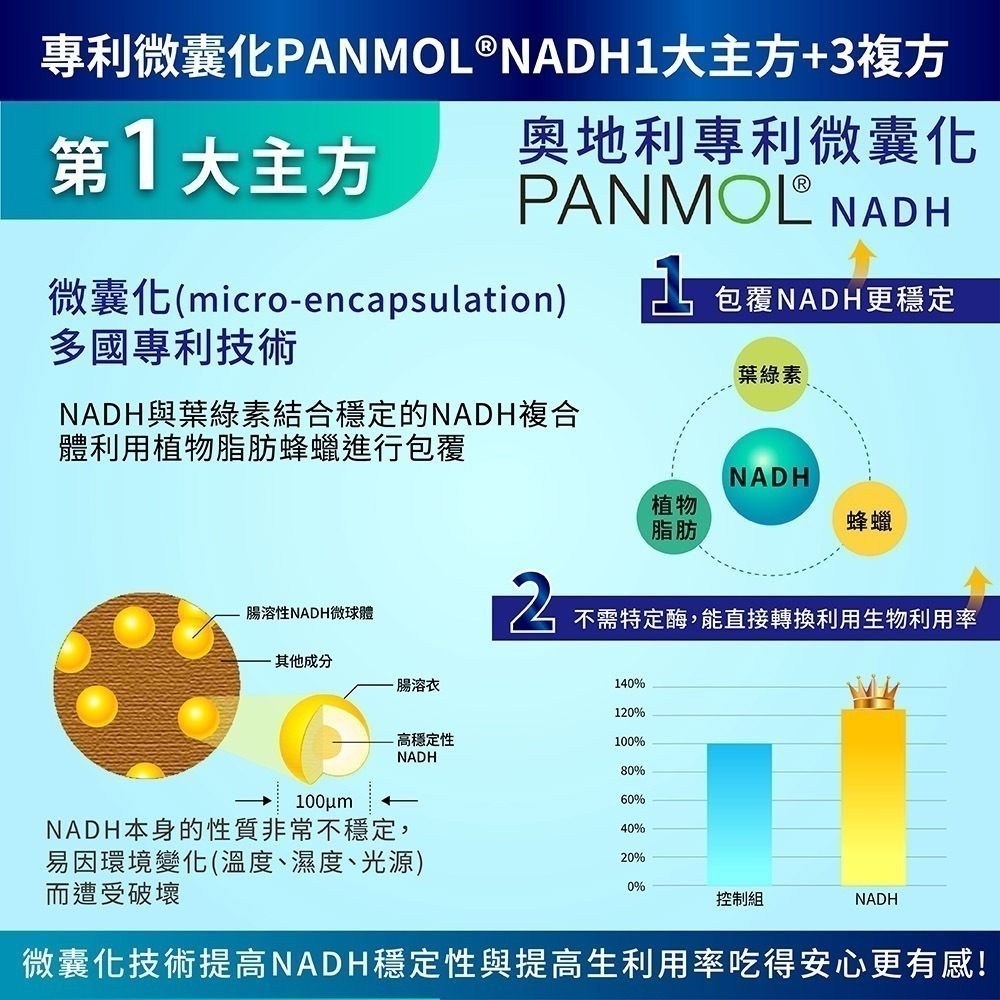 NADH錠 30錠/瓶⚜太田森一 專利微囊化 PANMOL® 黃耆三七萃取物 γ-穀維素 瓜拿納萃取物 21X PLUS-細節圖6