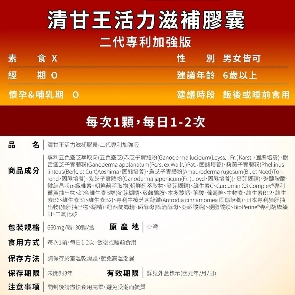 清甘王活力滋補膠囊 二代專利加強版 30顆/盒⚜太田森一 專利五色靈芝 朝鮮薊 日本專利肝精 專利牛樟芝 紐西蘭蠔精-細節圖9