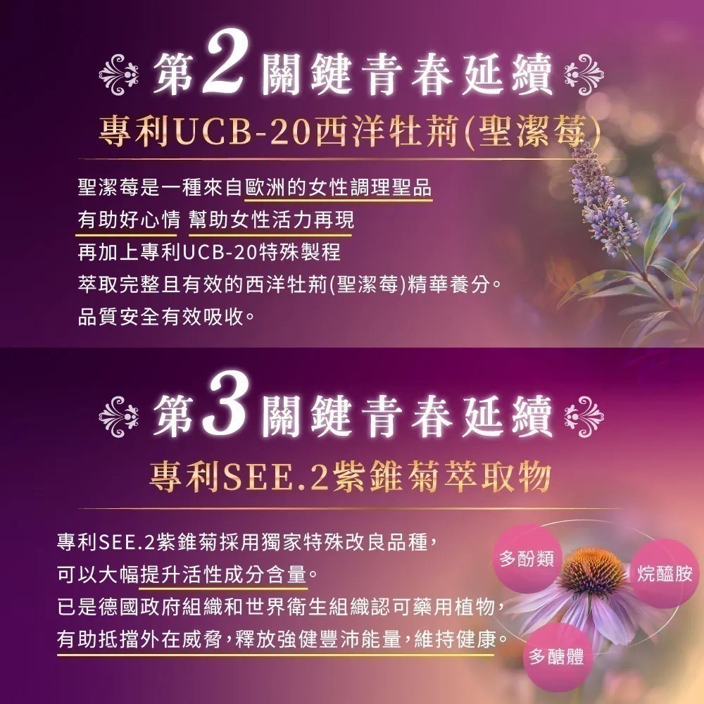 青春之鑰膠囊 30顆/盒⚜NEW LIFE 保加利亞乳酸桿菌 西洋牡荊 聖潔莓 專利櫻花萃取粉 專利紫錐菊萃取粉 鈣 鎂-細節圖3