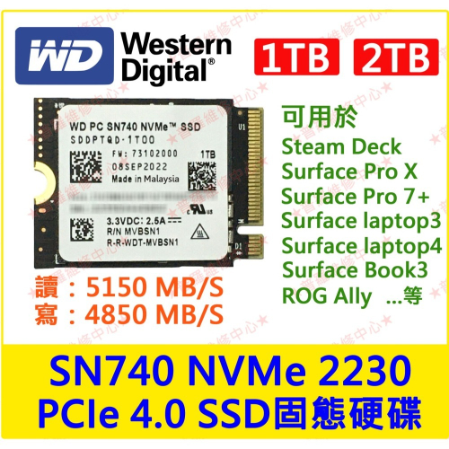 台灣現貨WD SN740 1TB 2TB 2230 SSD 全新固態硬碟 Steam deck ROG Ally