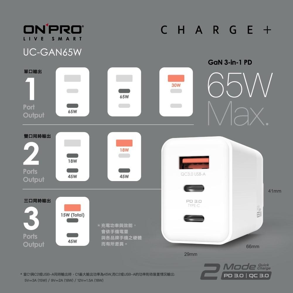 【八米蔚藍電玩】ONPRO PD 65W Pro版 Type C QC 氮化鎵GaN PD65W Typec-細節圖2