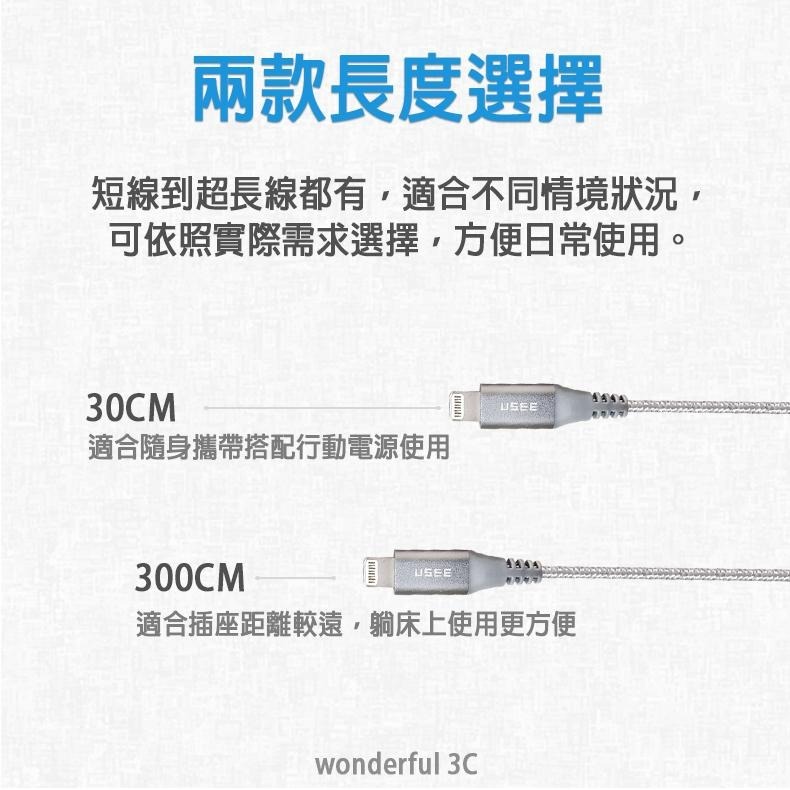 USEE MFI 原廠認證 Lightning 充電線 編織線 傳輸線 快充線 短線 iPhone14 Pro Max-細節圖4