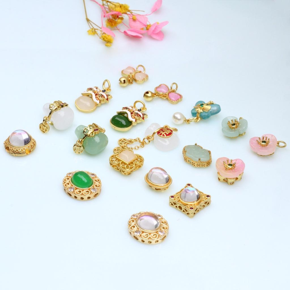 宏雲Hongyun-HC- 【 5pcs/包】古法沙金蝴蝶結葫蘆保色吊墜 鑲嵌玉-石掛件 diy手串項鏈飾品配件-細節圖4