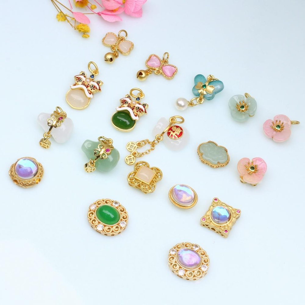 宏雲Hongyun-HC- 【 5pcs/包】古法沙金蝴蝶結葫蘆保色吊墜 鑲嵌玉-石掛件 diy手串項鏈飾品配件-細節圖5