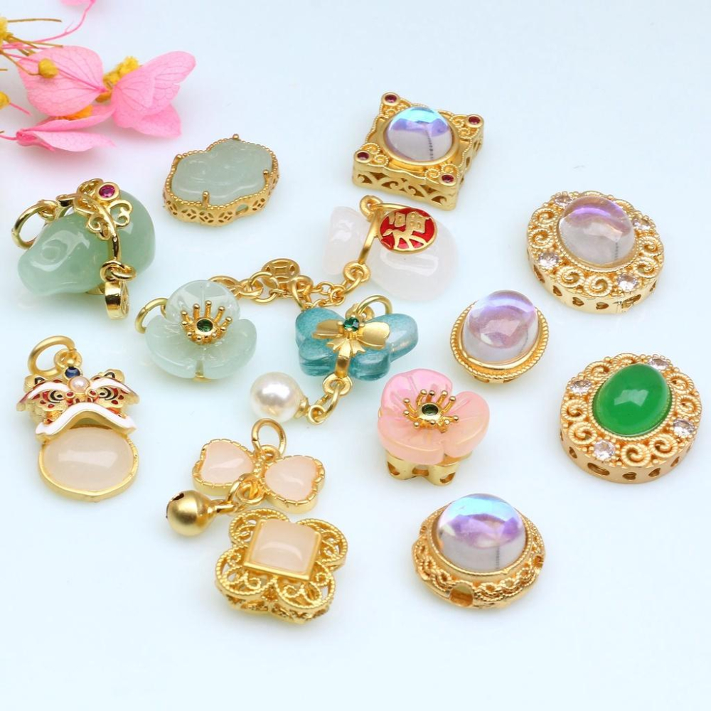 宏雲Hongyun-HC- 【 5pcs/包】古法沙金蝴蝶結葫蘆保色吊墜 鑲嵌玉-石掛件 diy手串項鏈飾品配件-細節圖7